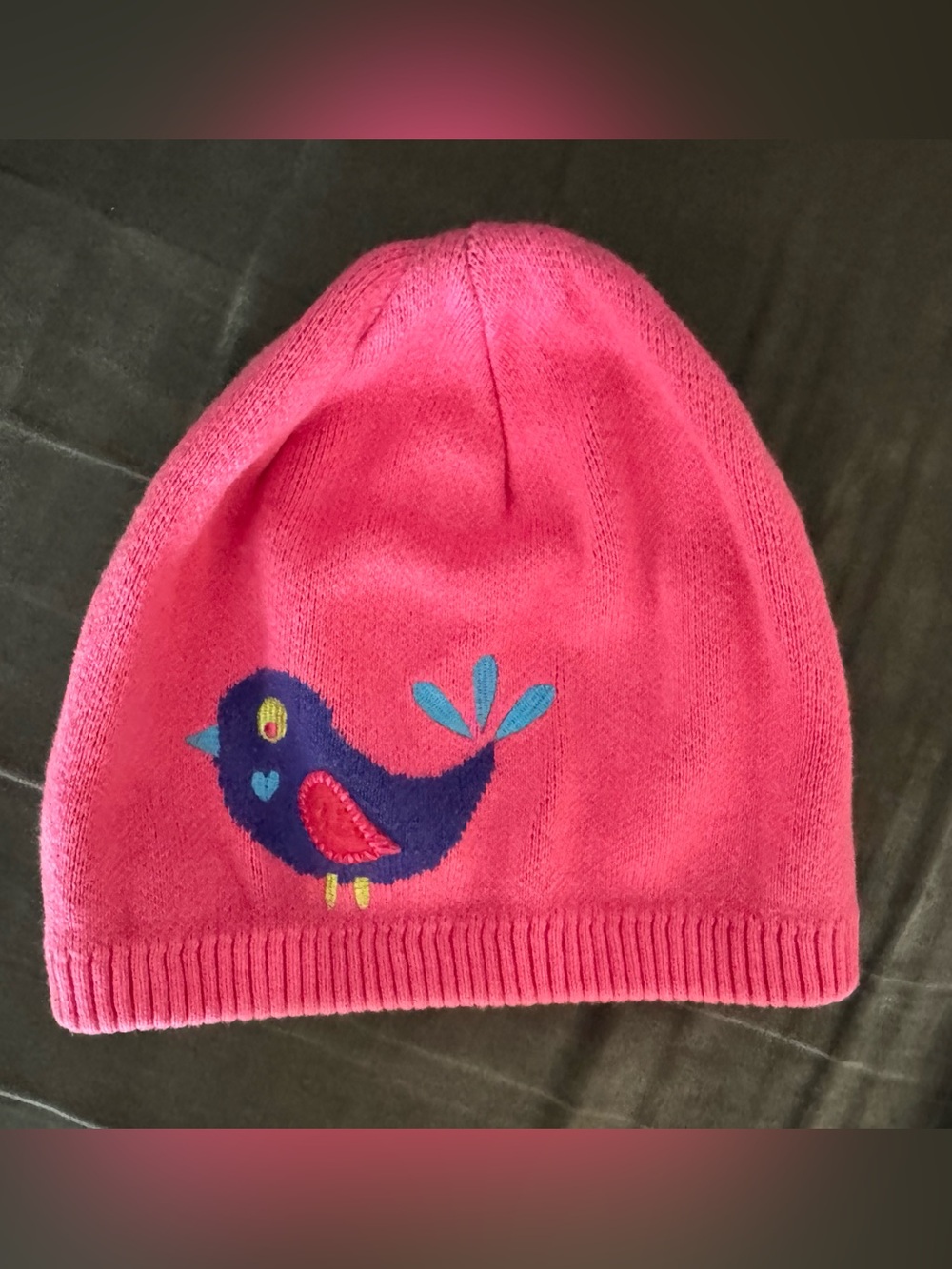 Hanna Andersson Hot Pink Knit Kids Beanie with Embroidered Blue Bird